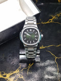 Patek Philippe Nautilus Style Men's Watch - Silver Stainless Steel with Green Dial & Date Display