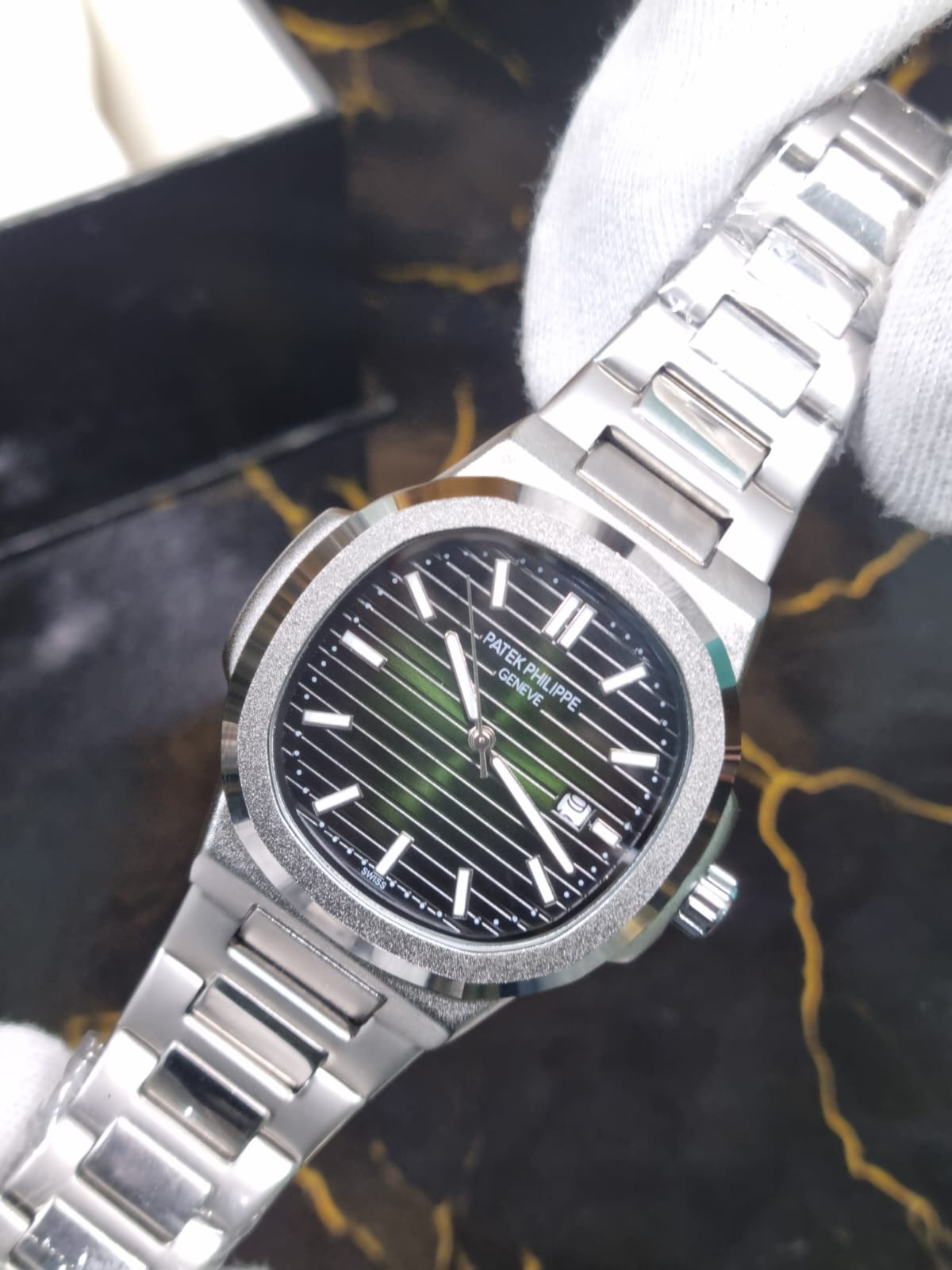 Patek Philippe Nautilus Style Men's Watch - Silver Stainless Steel with Green Dial & Date Display