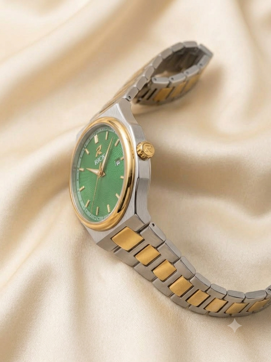 RICK Men's Luxury Two-Tone Gold Steel Green Dial Analog Watch with Date