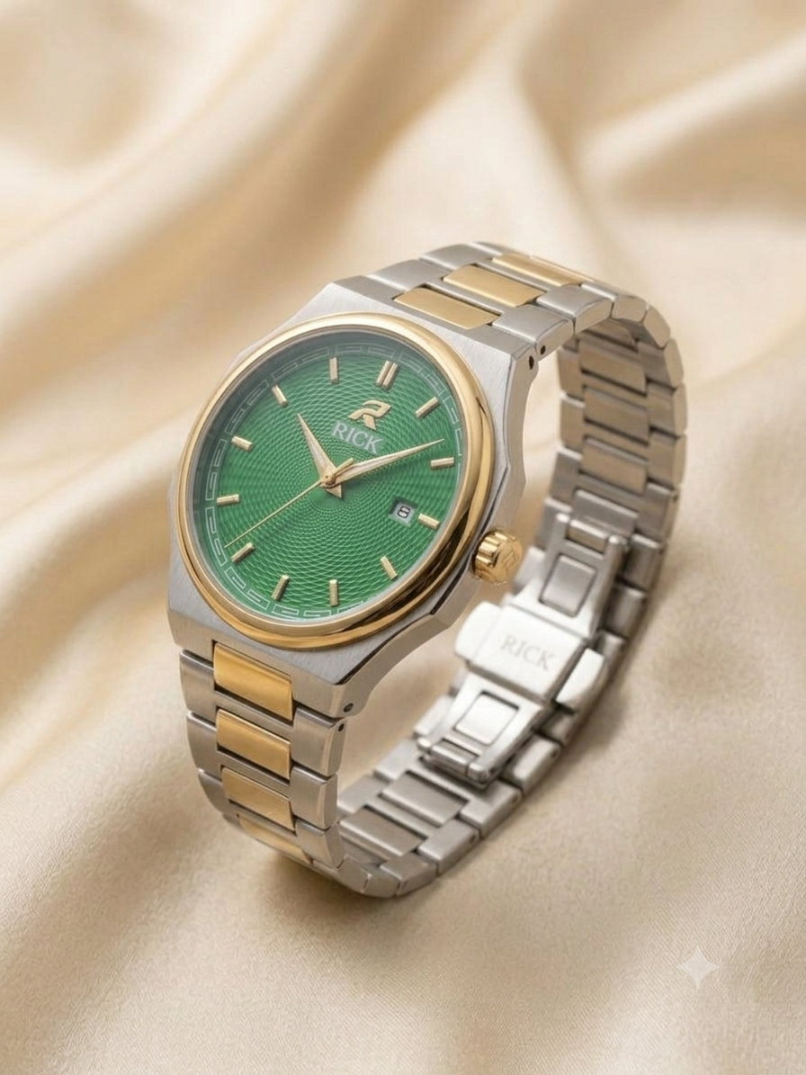 RICK Men's Luxury Two-Tone Gold Steel Green Dial Analog Watch with Date
