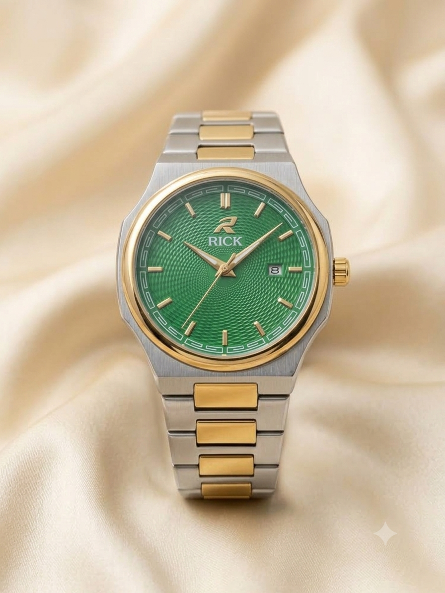 RICK Men's Luxury Two-Tone Gold Steel Green Dial Analog Watch with Date